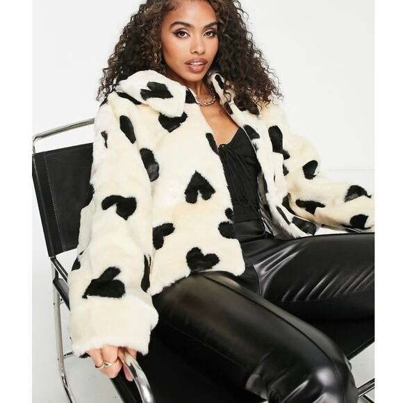 Jayley Lola Love Faux Fur Cropped Jacket Heart Pattern Cream Black- Size Sm/Med - Picture 7 of 14